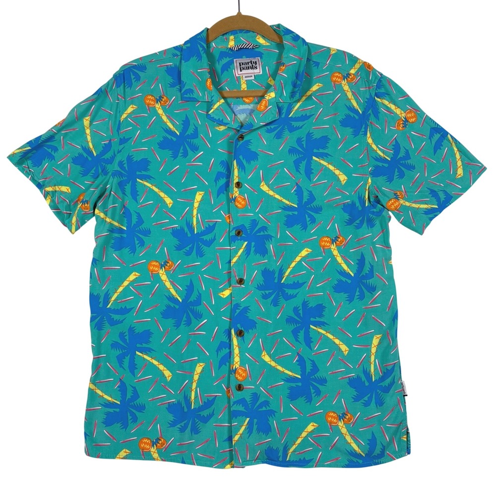 Party Pants Hawaiian Shirt Men's M Rayon Tropical Palm Tree Camp Collar Aloha